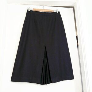 Vintage Panther 70's Black Wool Pleat Center Front A-Line Midi Skirt Sz M